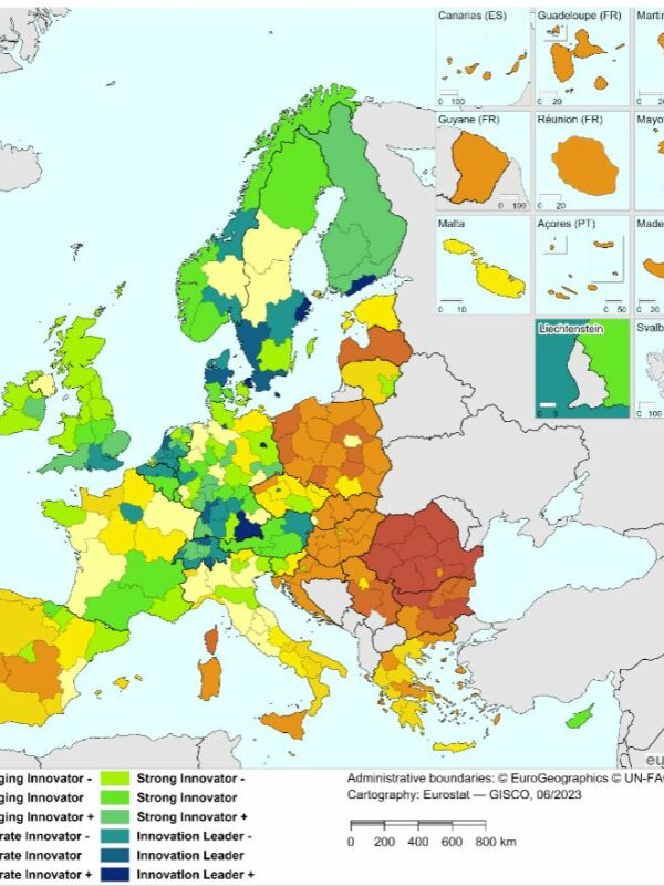 Mapa del Regional Innovation Scoreboard 2023 de Eurostat, donde se muestra el nivel de innovación de cada región europea